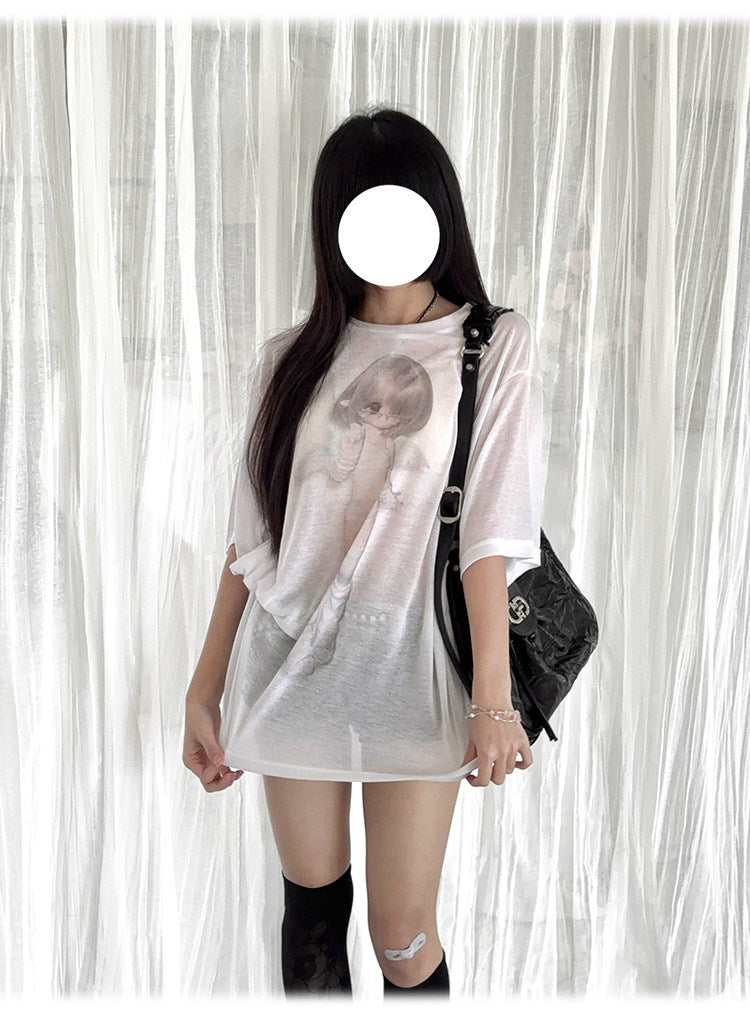 Faded Angel Girl Sheer Oversized Tee