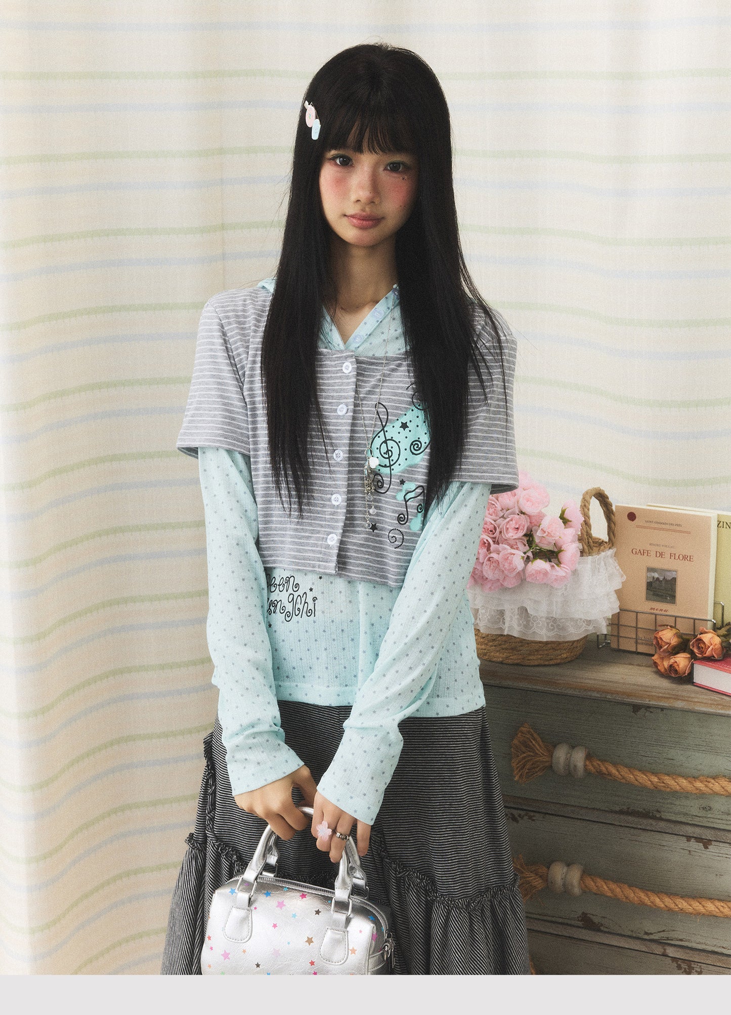 Mint Melody Faux-Layer Hooded Long-Sleeve Top