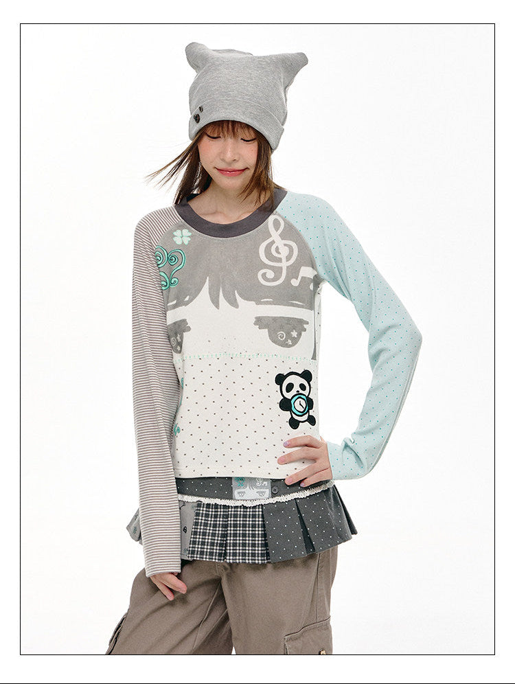 Mint Polka Dot Contrast-Sleeve Graphic Long Sleeve Top