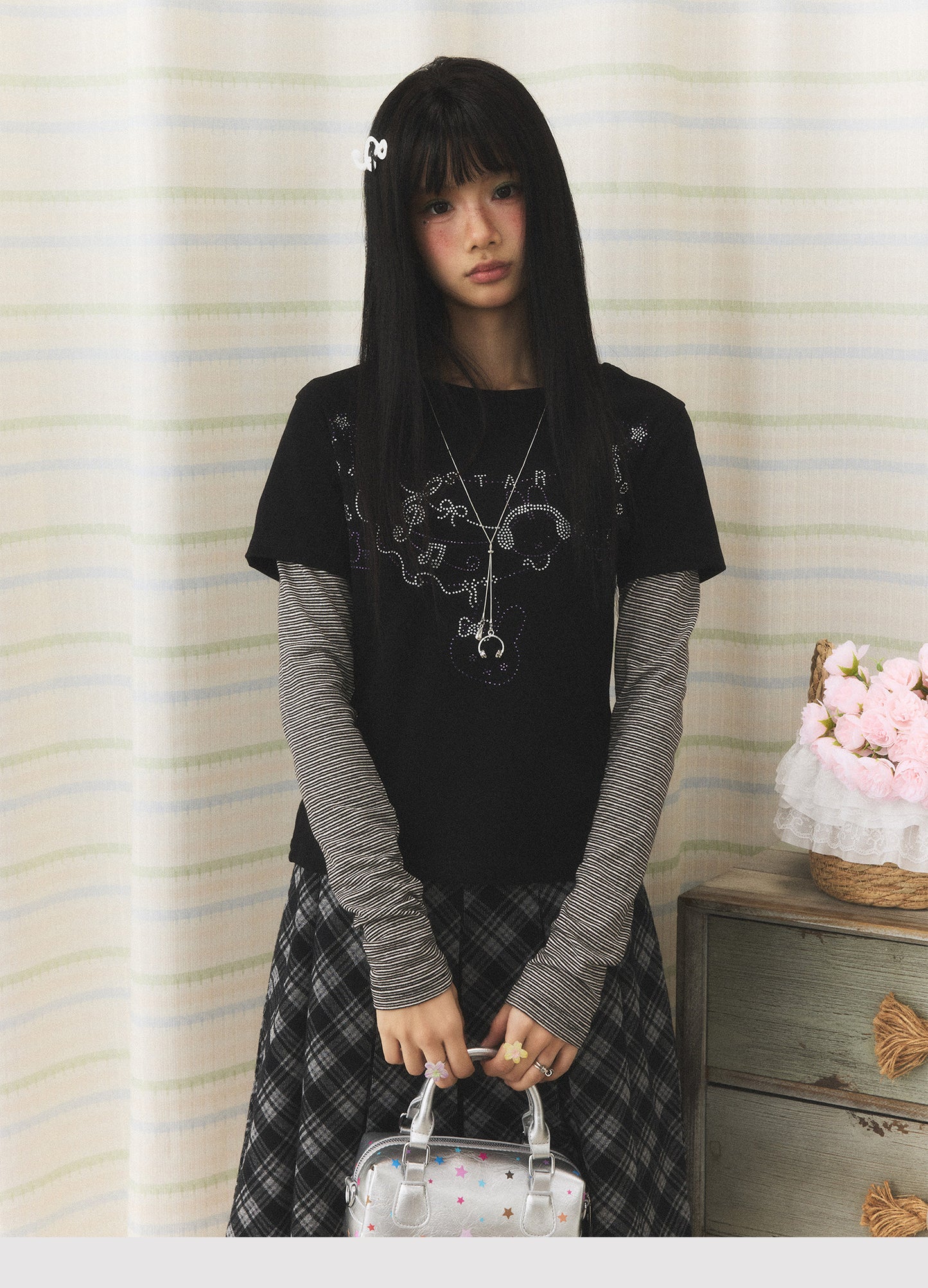 Rhinestone Melody Faux-Layer Stripe Long-Sleeve Tee