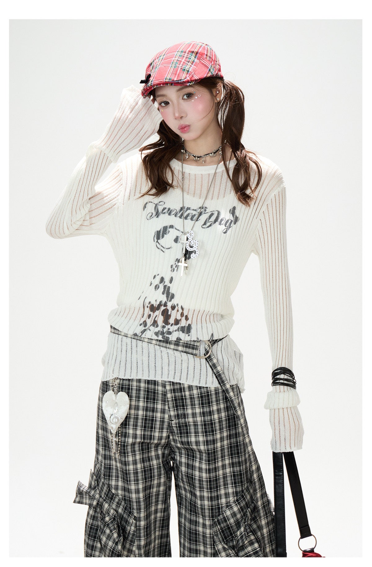 Dalmatian Sheer Knit Top & Black Plaid Ruffle Pants