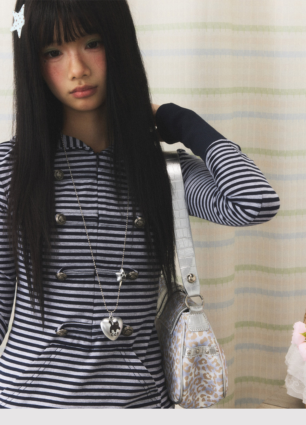 Navy Striped Military Button Hooded Top