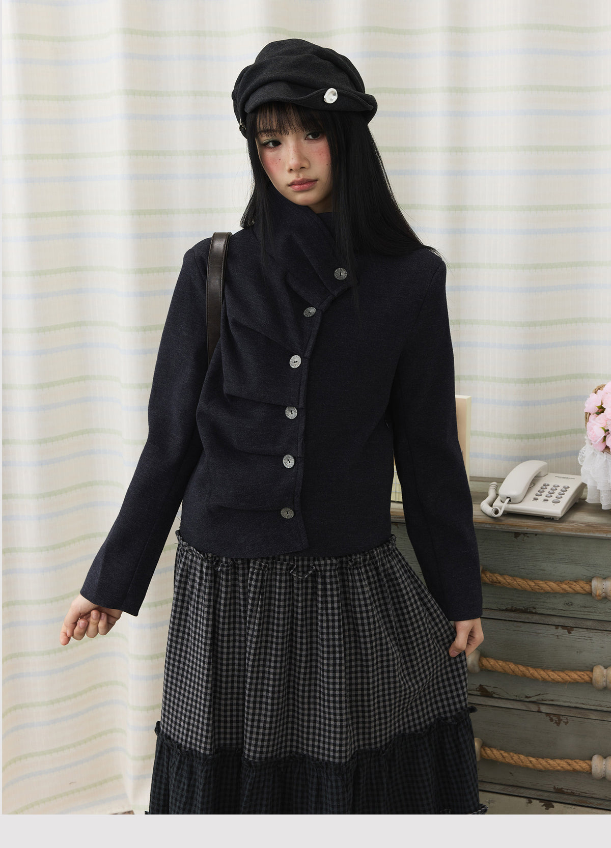 Asymmetric Pleated Collar Cropped Button Jacket