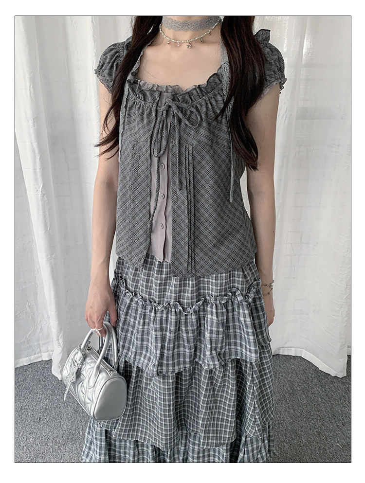 Gray Plaid Tie-Front Layered Puff-Sleeve Top