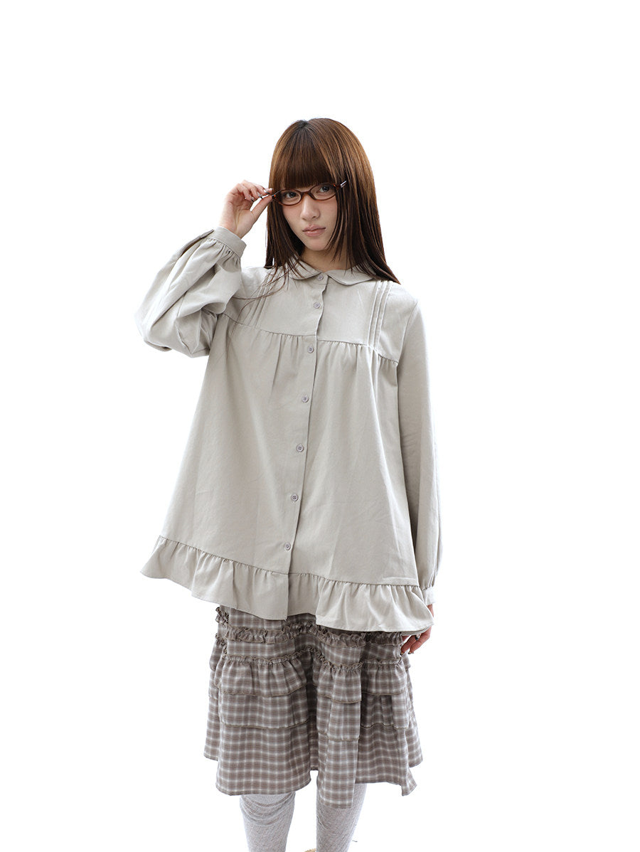 Pleated Ruffle Hem Button-Up Long Sleeve Blouse