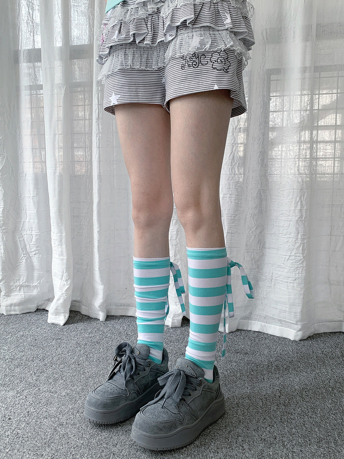 Mint Stripe Tie Leg Warmers