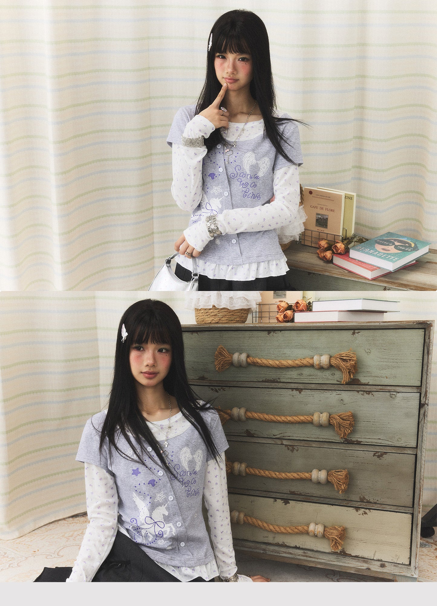 Lavender Wing Floral Faux-Layer Long-Sleeve Tee