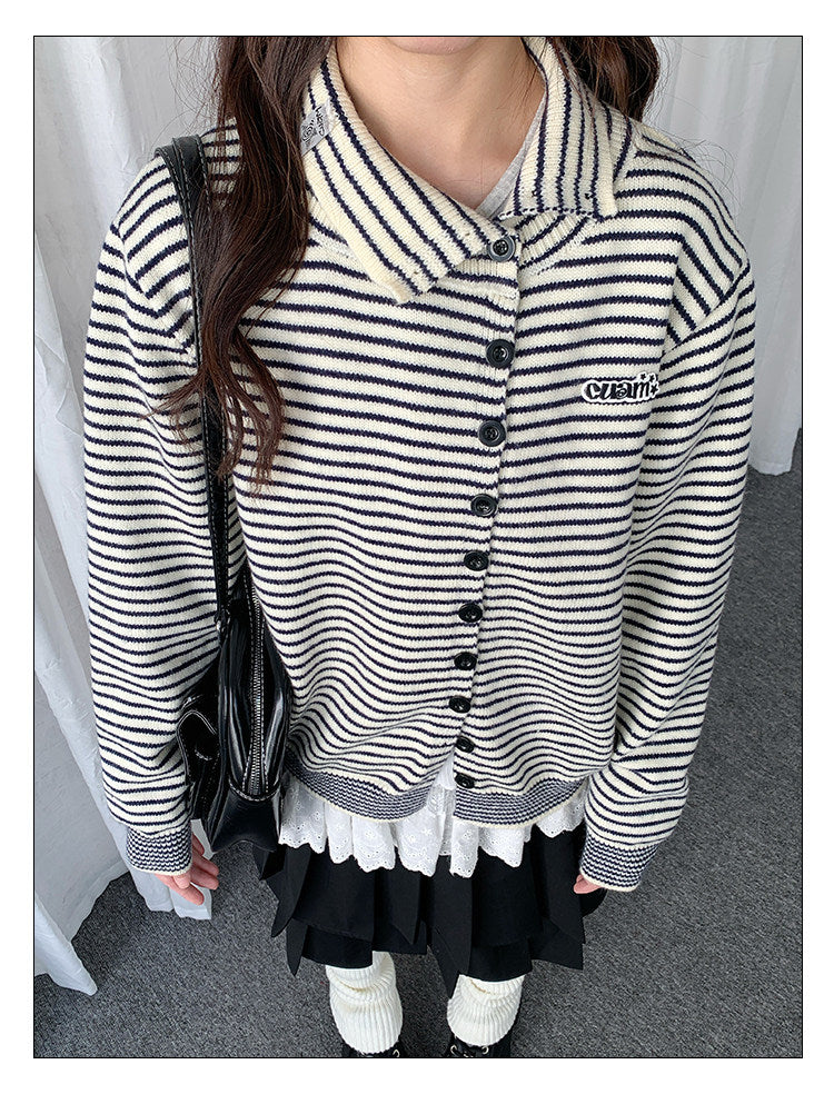 Striped Polo-Collar Knit Cardigan