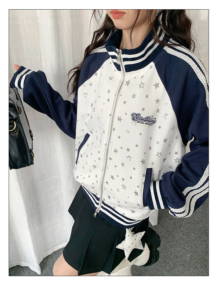 Star Print Contrast Zip-Up Track Jacket