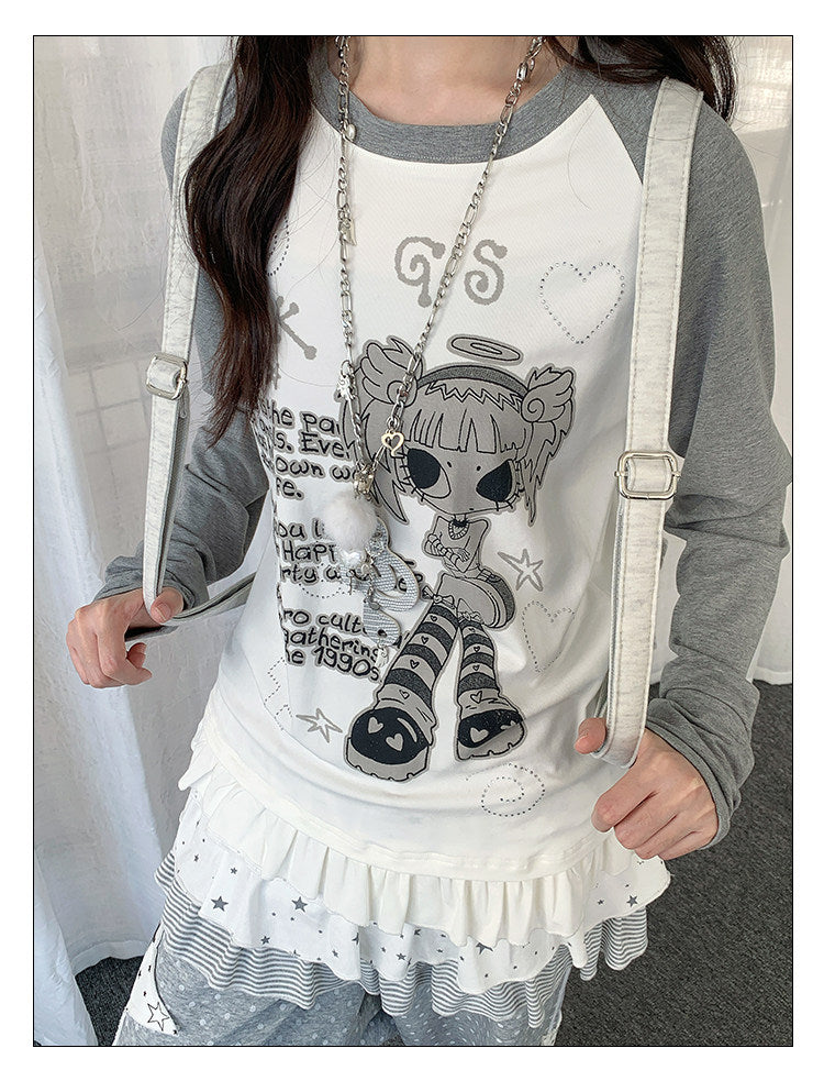 Angel Girl Graphic Raglan Ruffle Long Sleeve Top