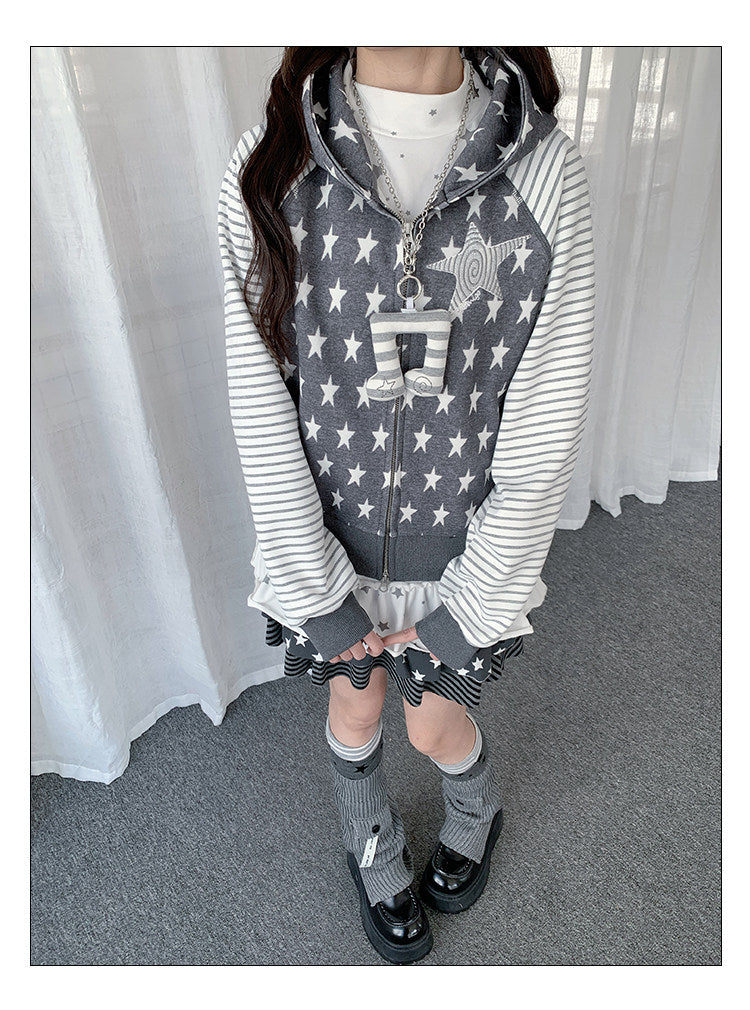 Star & Stripe Patchwork Zip-Up Hoodie