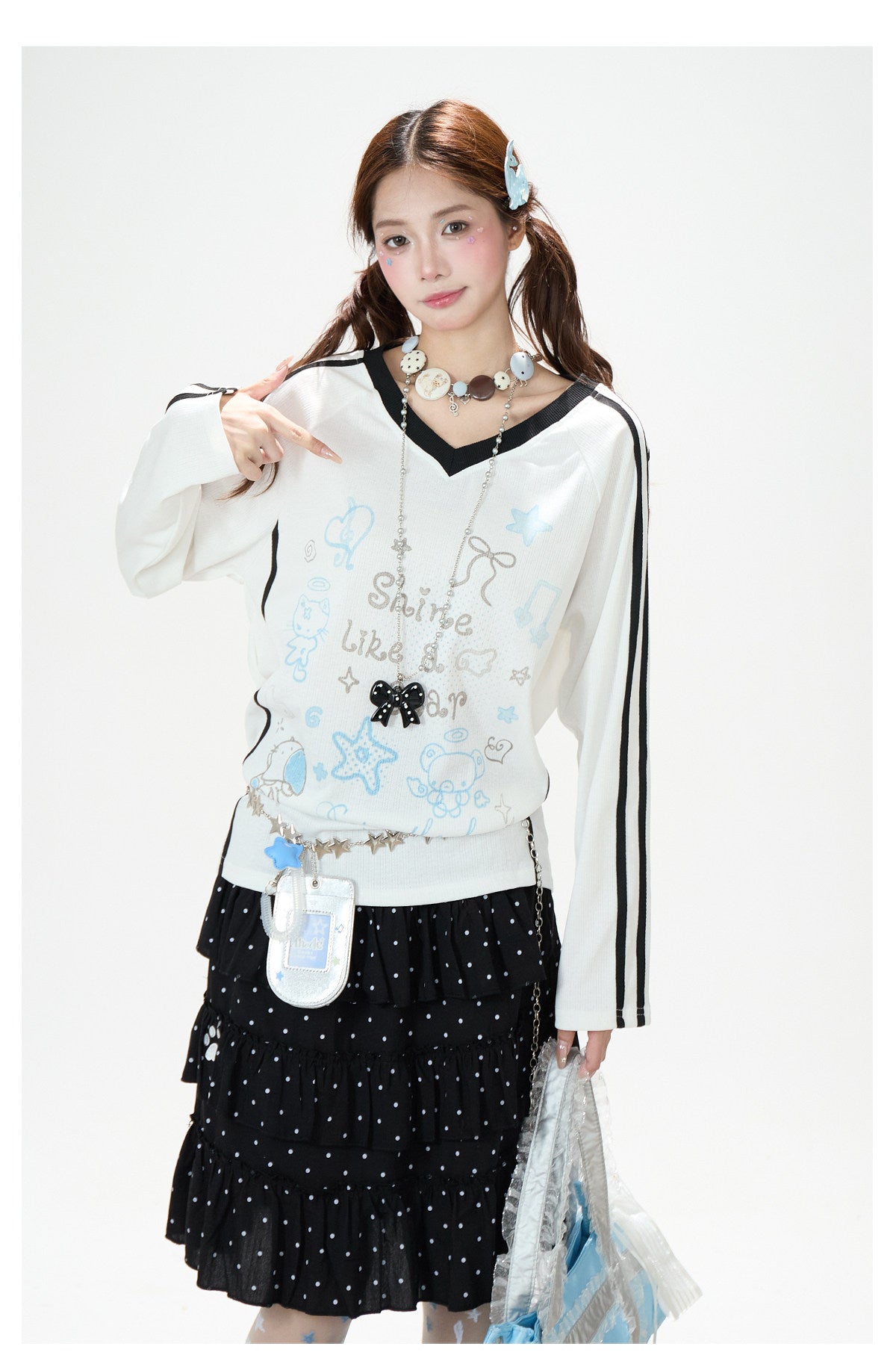 Dreamy Doodle V-Neck Long Sleeve Top & Polka Dot Tiered Ruffle Skirt