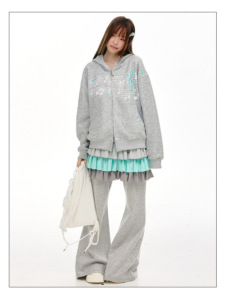 Gray Melody Polka Dot Graphic Zip Hoodie