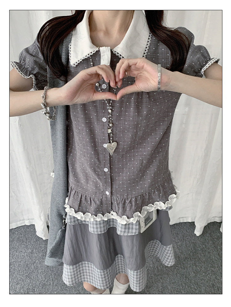 Polka Dot Peter Pan Collar Ruffle-Hem Blouse