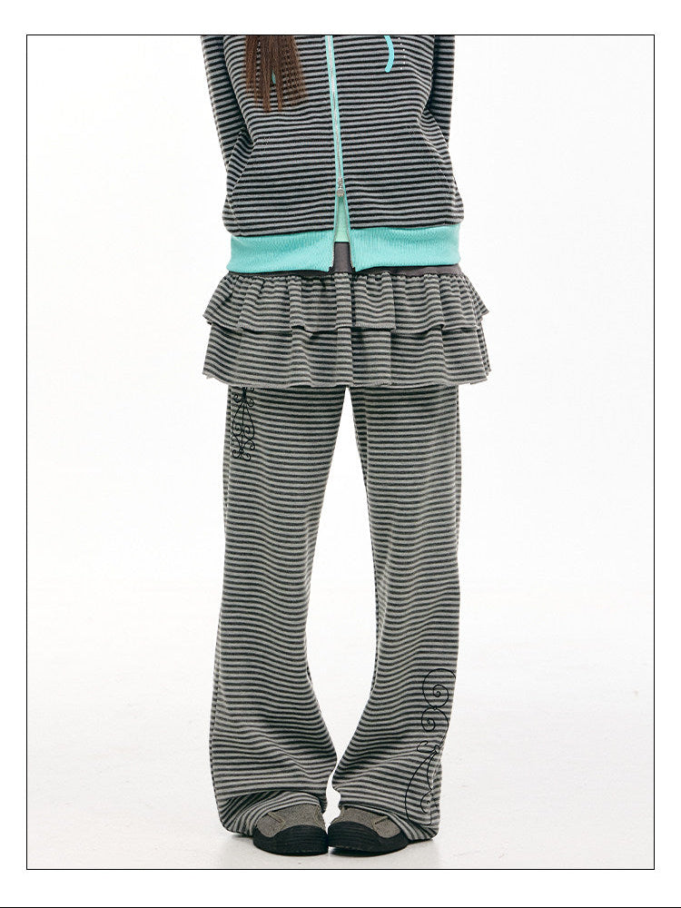 Striped Ruffle-Overlay Wide-Leg Pants