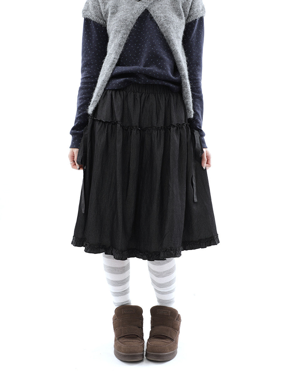 Washed Black Ruffle-Tiered Denim Midi Skirt
