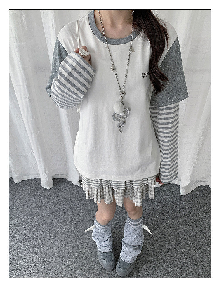 Ivory Polka Dot Stripe Faux-Layer Long Sleeve Top