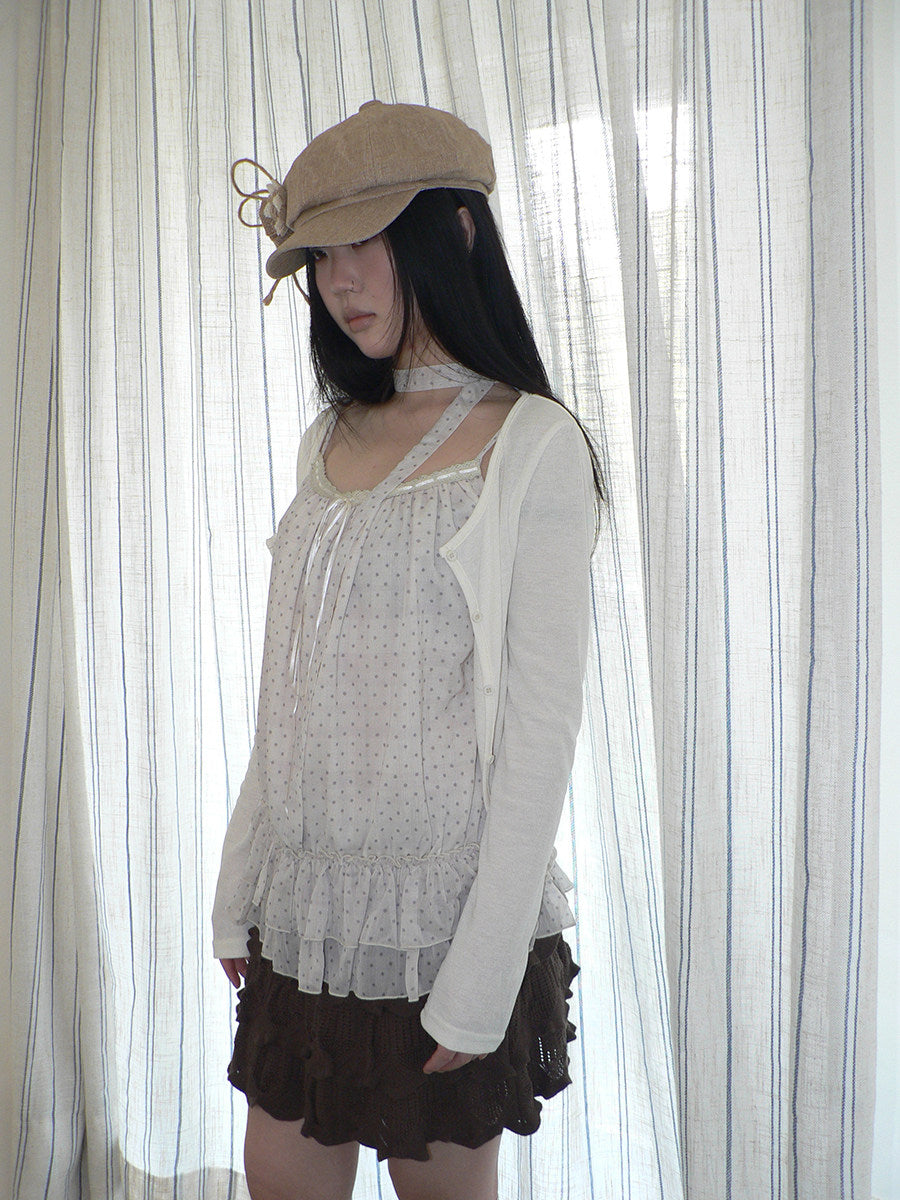 Polka Dot Ruffle Camisole & Cardigan Set with Scarf