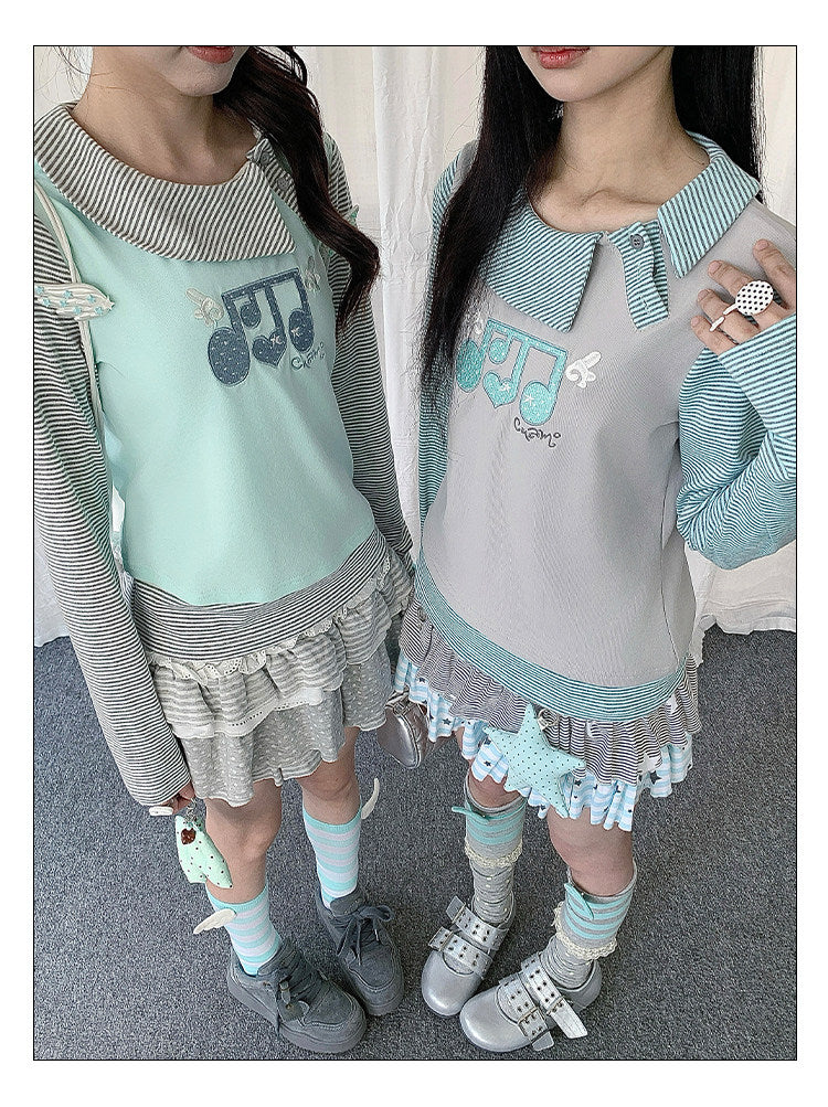 Music Note Embroidered Faux-Layered Long Sleeve Top