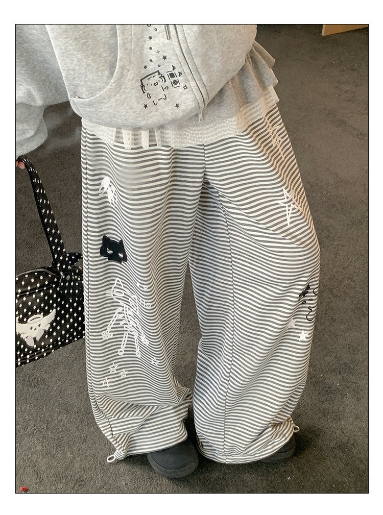 Cartoon Cat Stripe Drawstring Wide-Leg Sweatpants