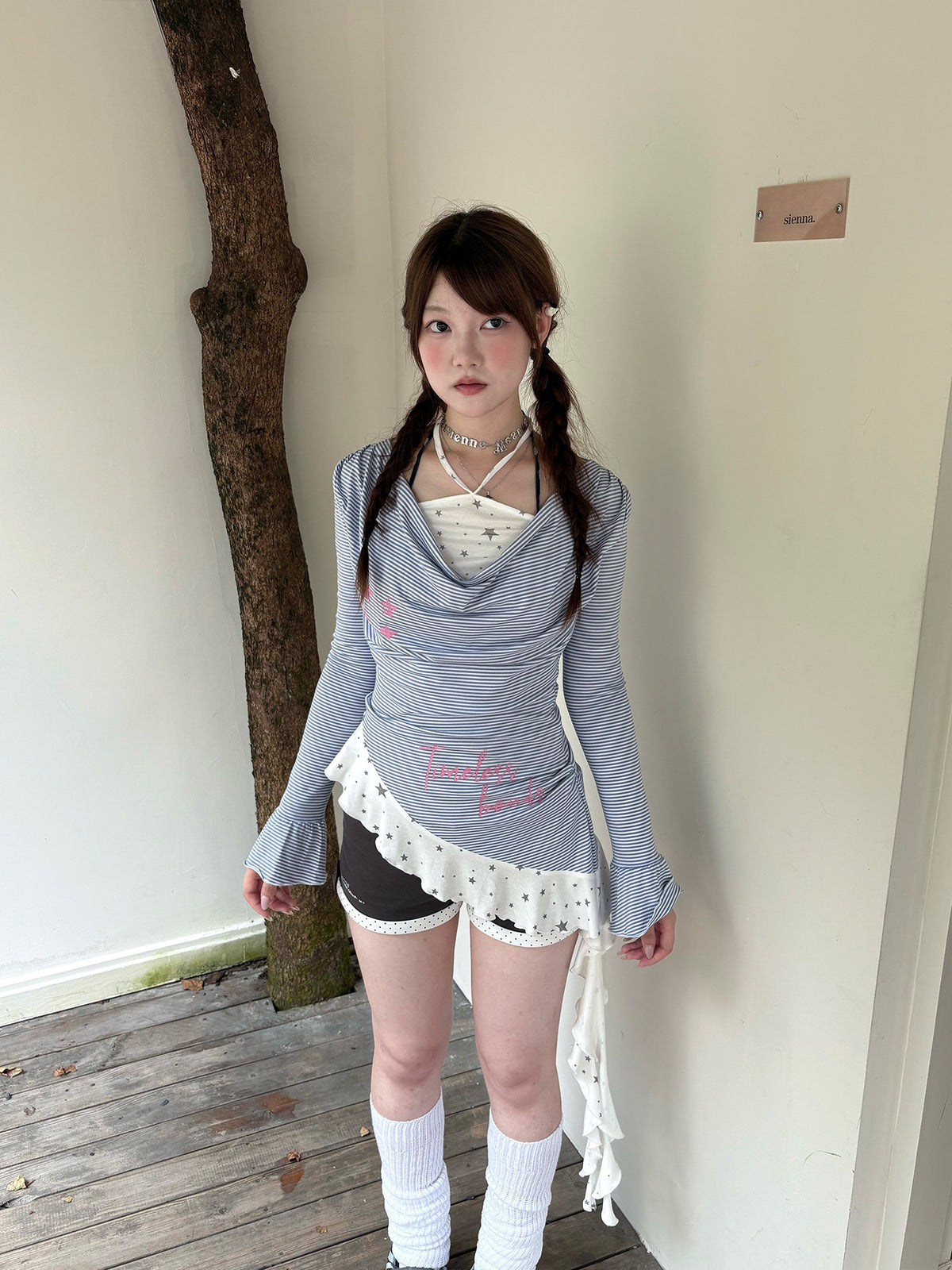 Blue Stripe Cowl-Neck Star Faux-Layer Long Sleeve Top
