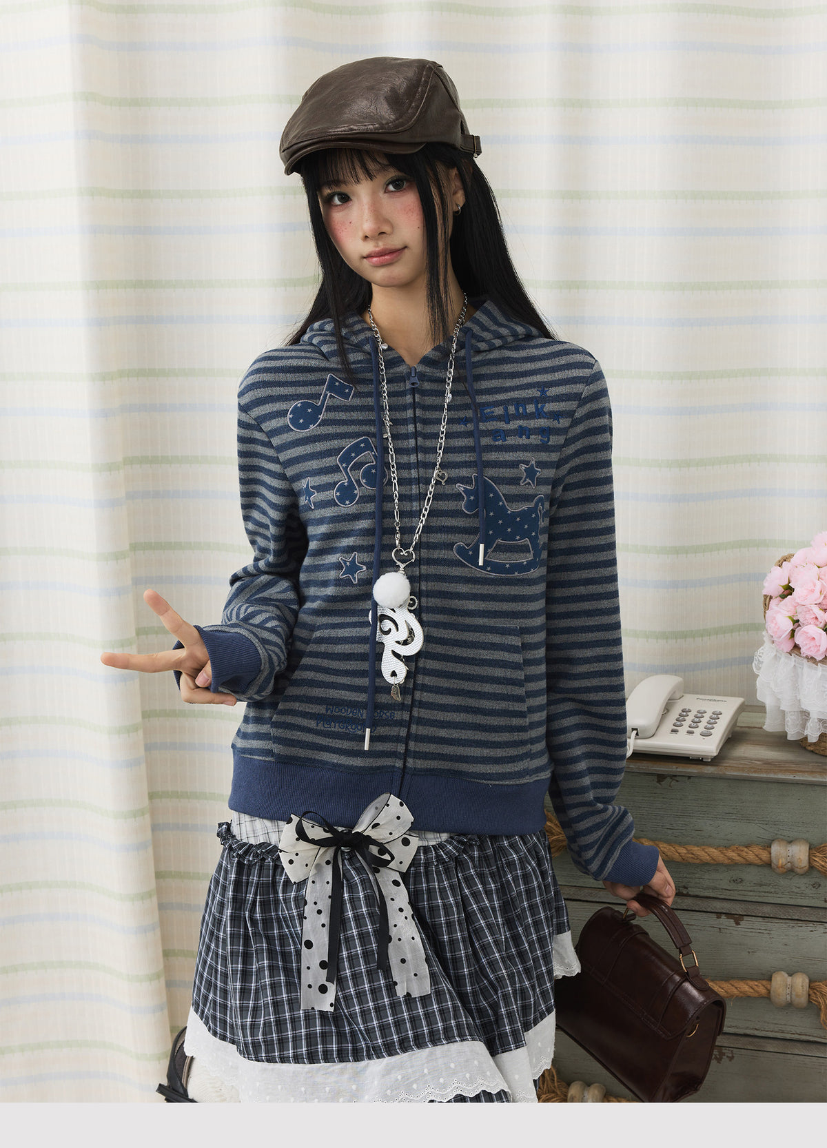 Striped Rocking Horse Embroidered Zip-Up Hoodie