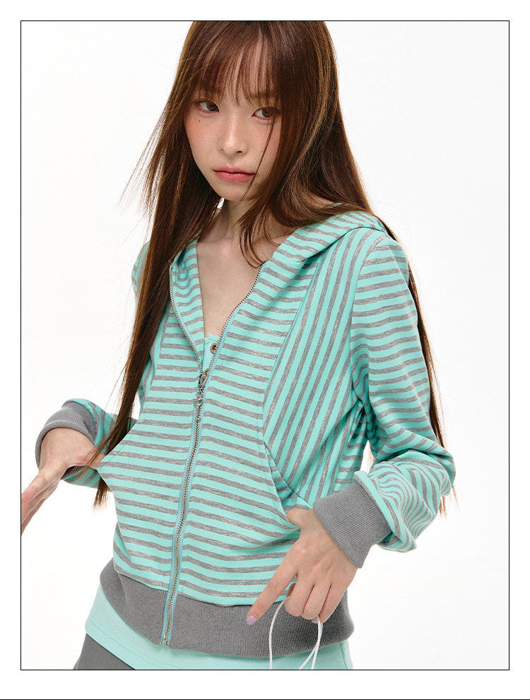 Mint Stripe Devil-Horn Zip-Up Hoodie