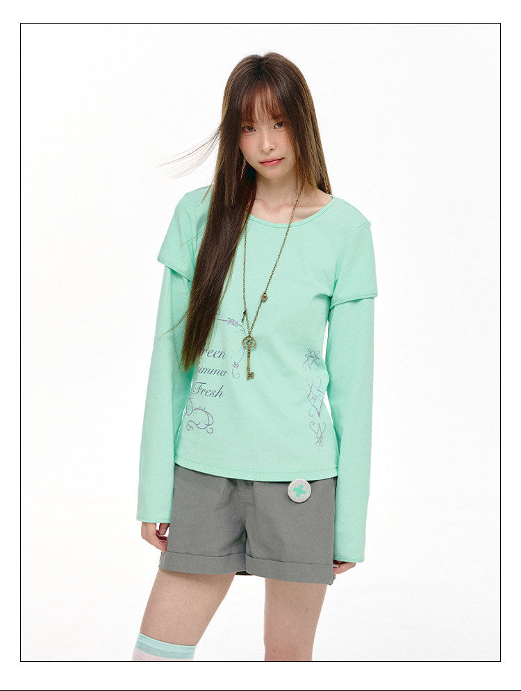 Mint Haze Faux-Layer Graphic Long Sleeve Top