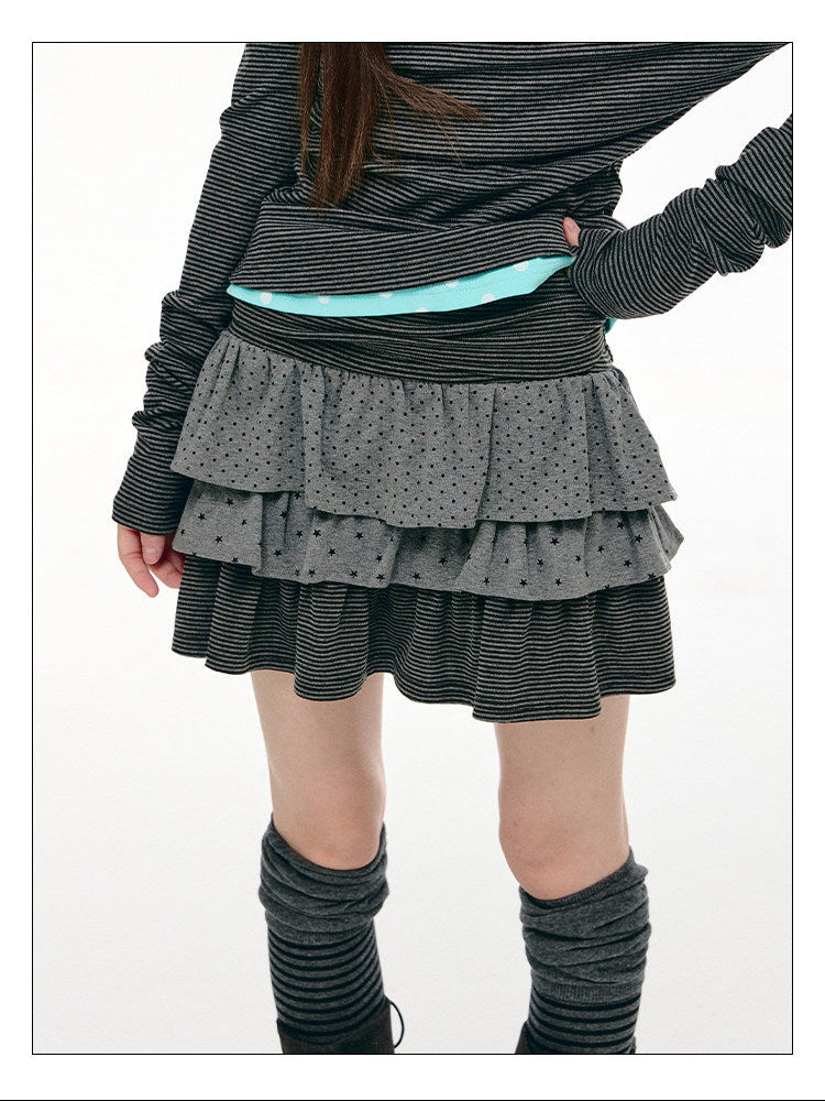 Charcoal Dot & Star Tiered Ruffle Mini Skirt