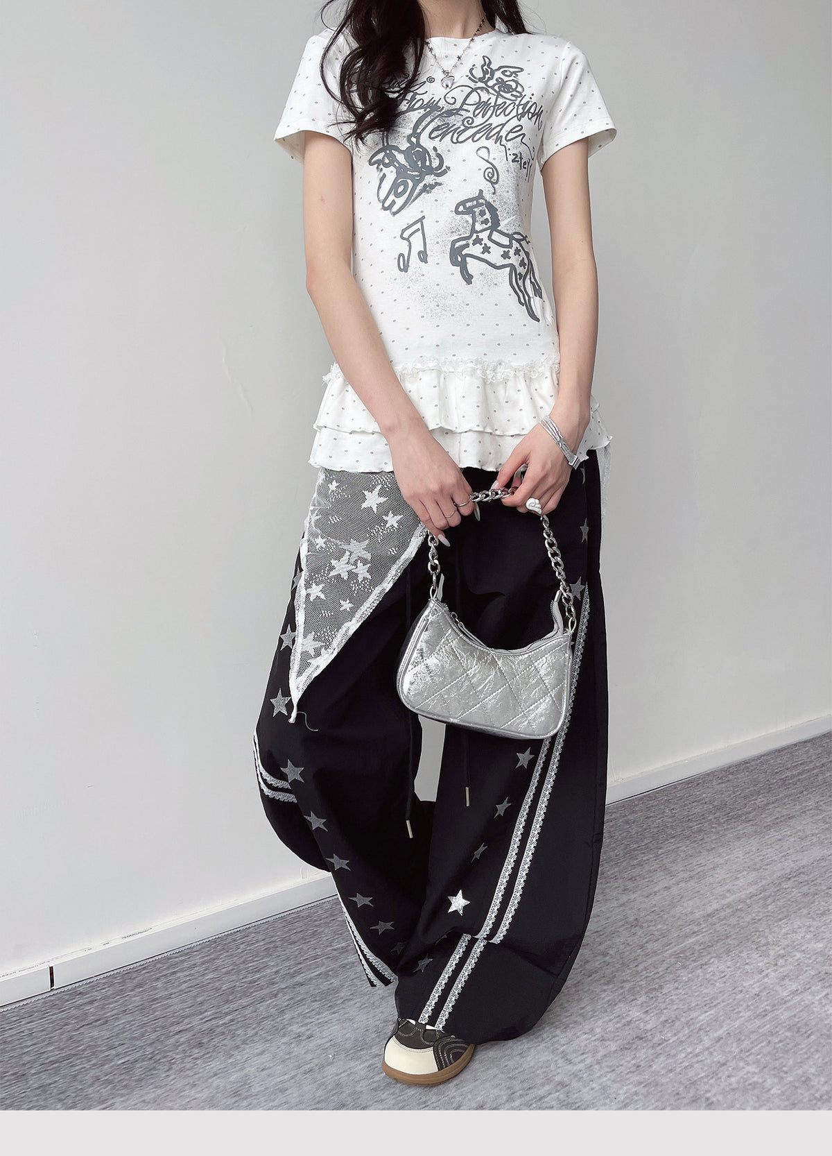 Star Lace Overlay Wide-Leg Parachute Pants