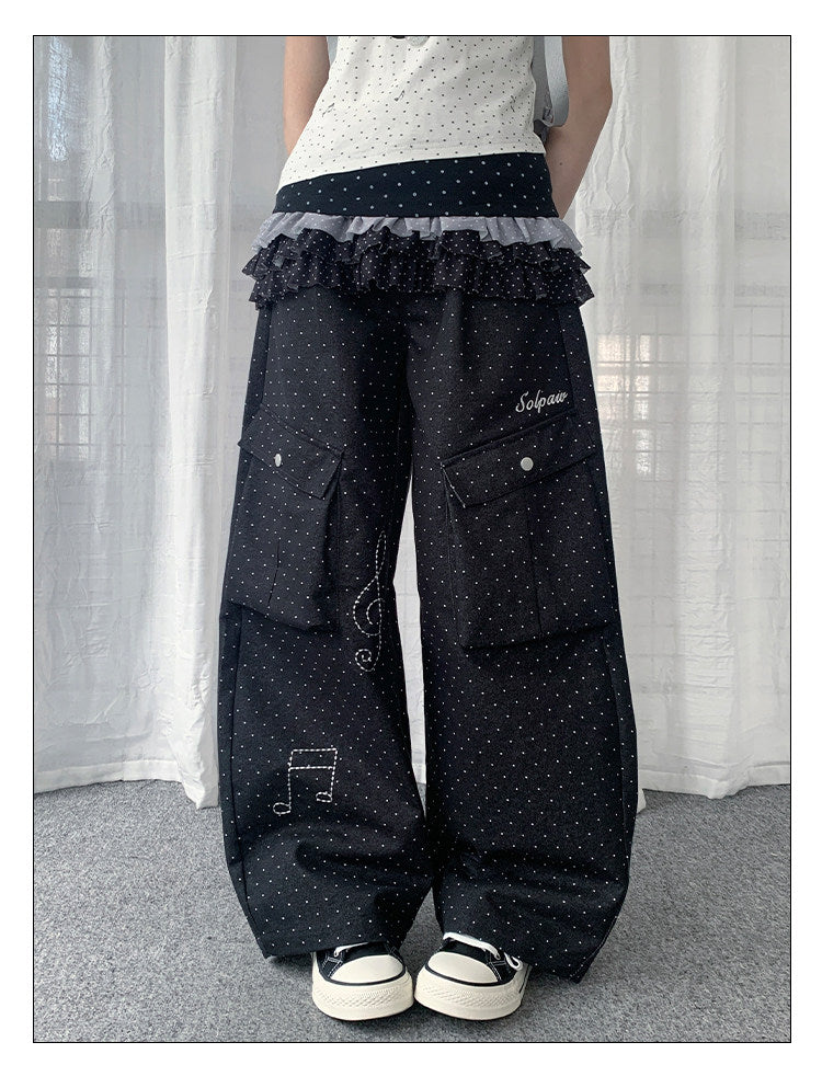 Polka Dot Music Note Embroidered Cargo Pants