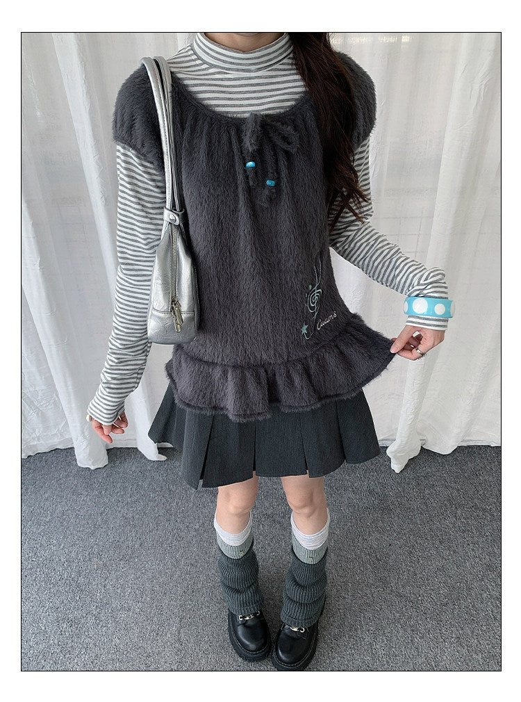Fuzzy Ruffle Layered Two-Piece Long Sleeve Top Set