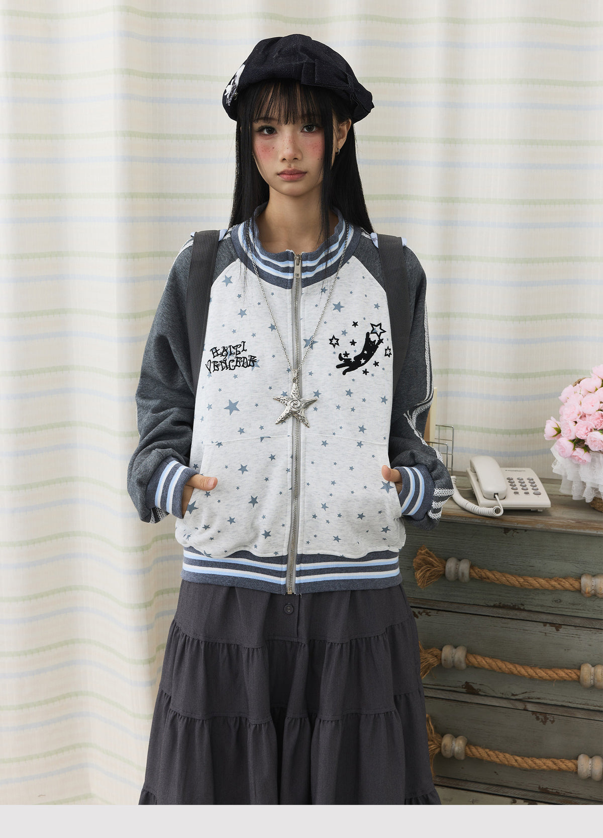Star Contrast Zip-Up Hoodie