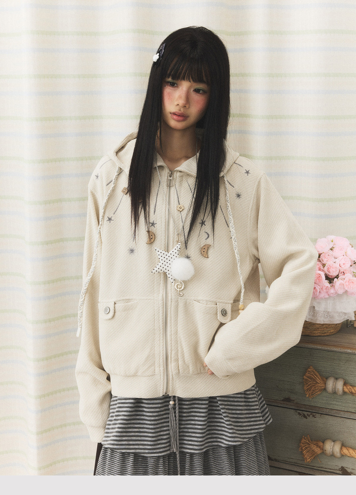 Star & Moon Embroidered Zip-Up Hoodie