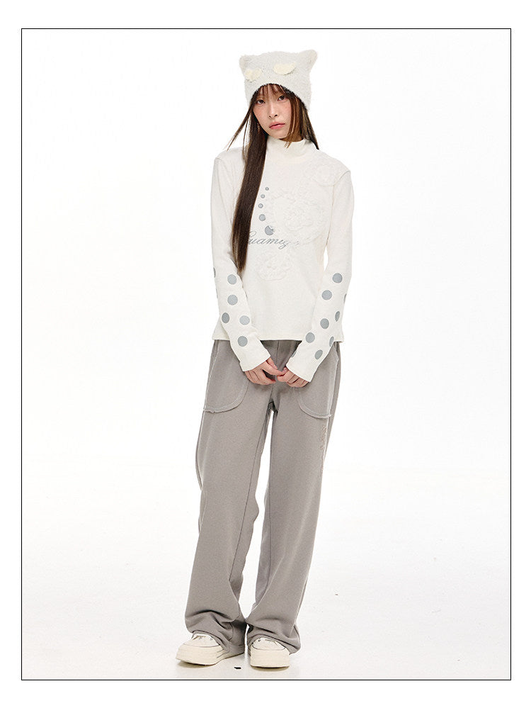 Lace Music Note Appliqué Mock Neck Long Sleeve Top