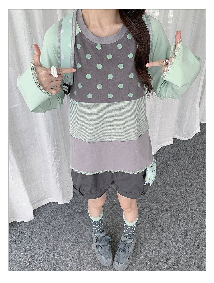 Polka Dot Stripe Lace-Trim Patchwork Long Sleeve Top