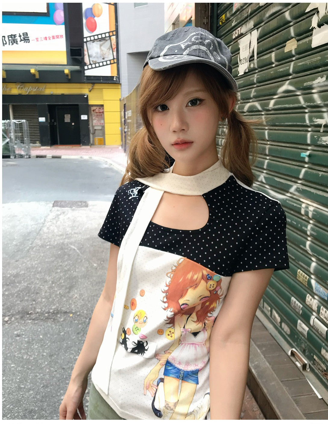 Polka Dot Bow-Tie Graphic Fitted Tee
