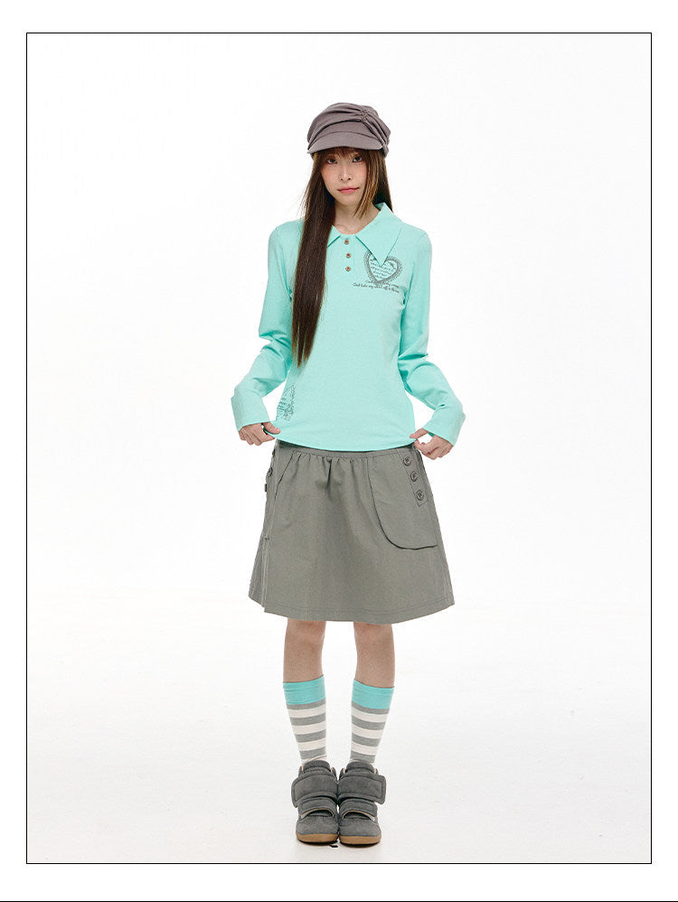 Mint Heart Graphic Long Sleeve Polo Top