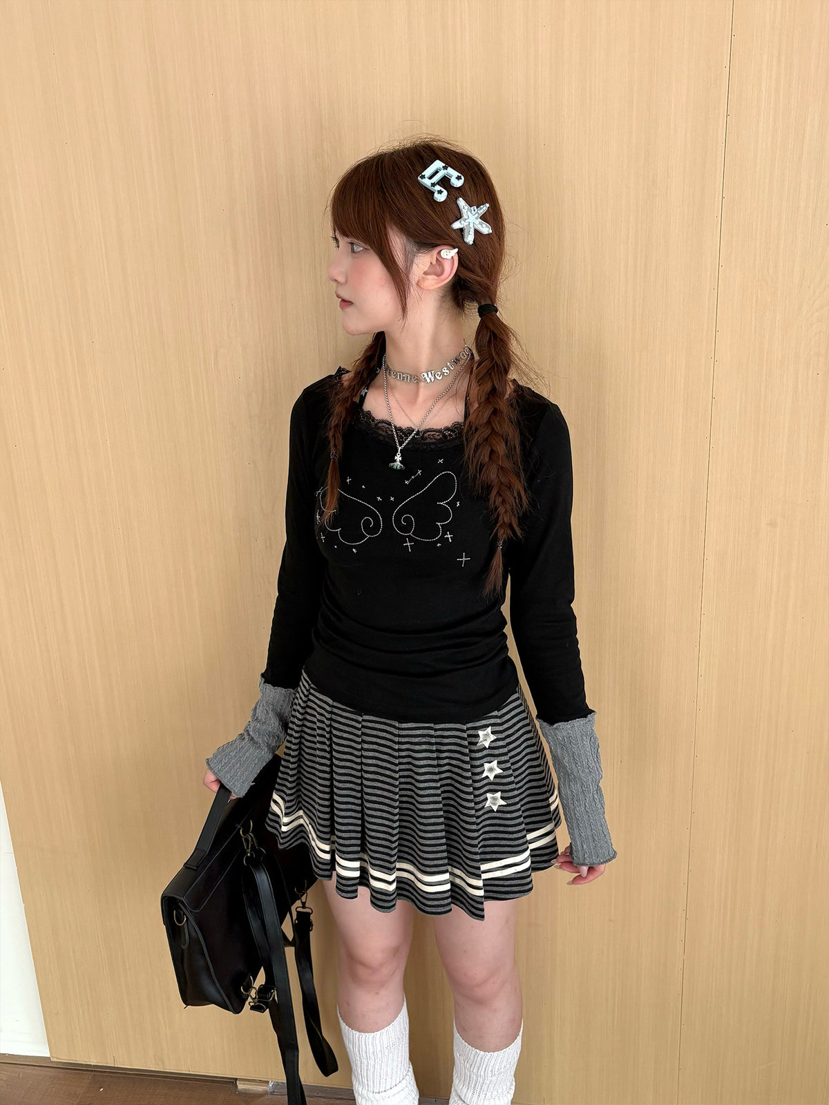 Charcoal Striped Star Pleated Mini Skirt