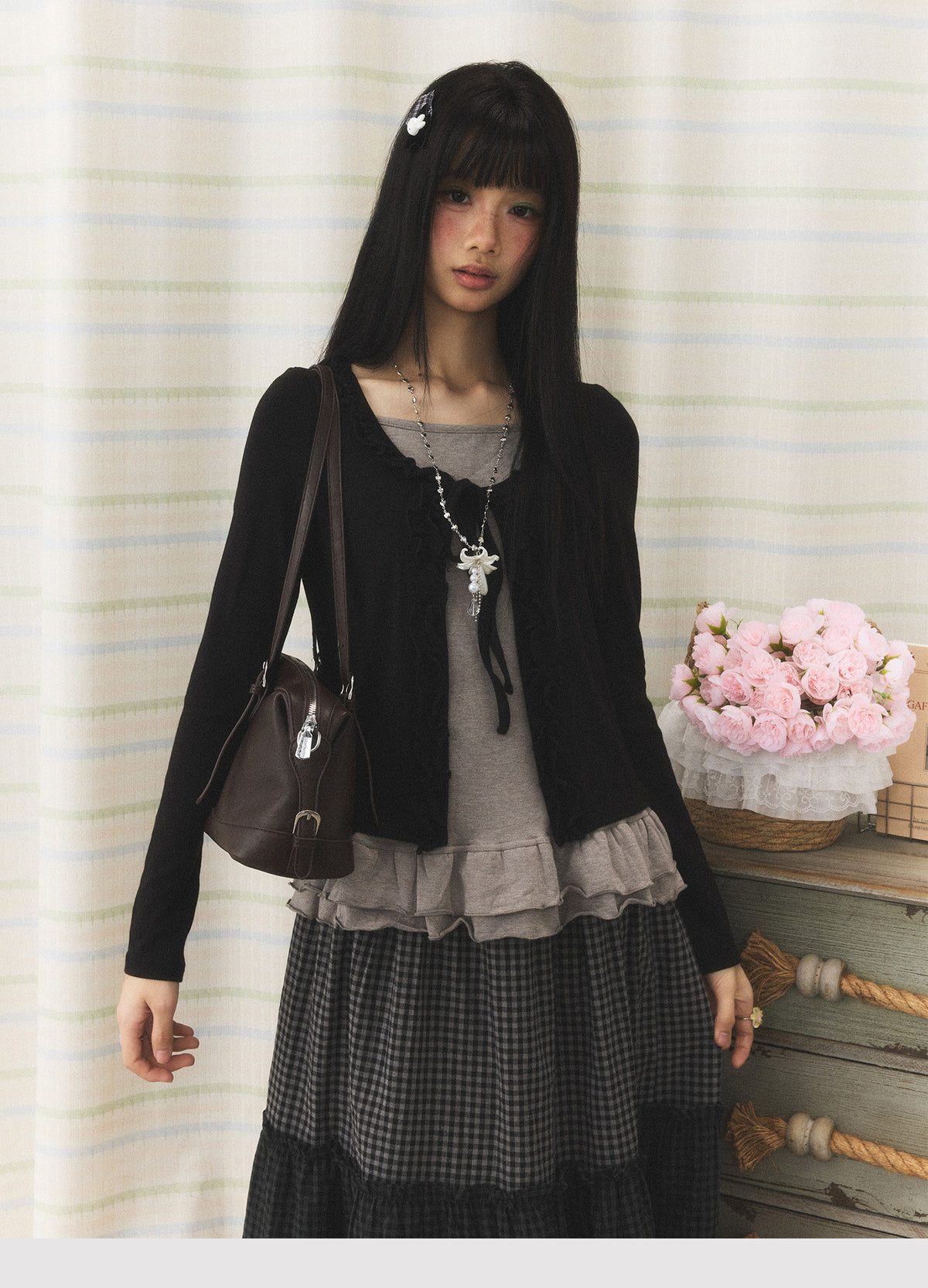Ruffle Hem Tie-Front Faux-Layered Long Sleeve Top