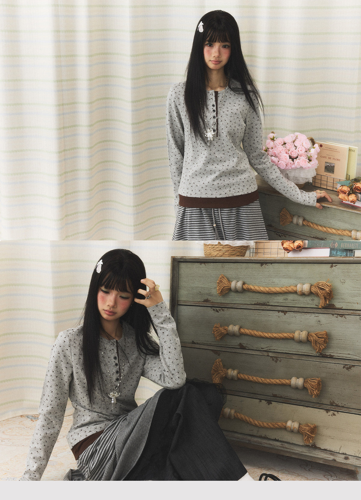 Floral Henley Faux-Layer Long Sleeve Top
