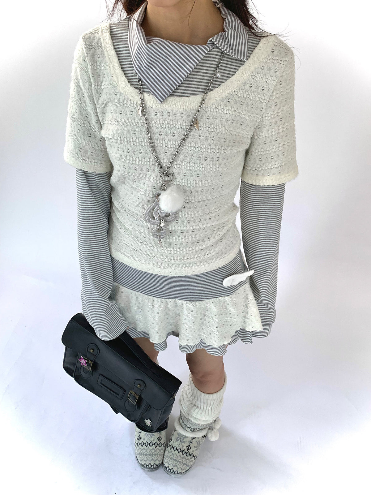 Milk Mist Lace & Stripe Faux-Layer Mini Dress
