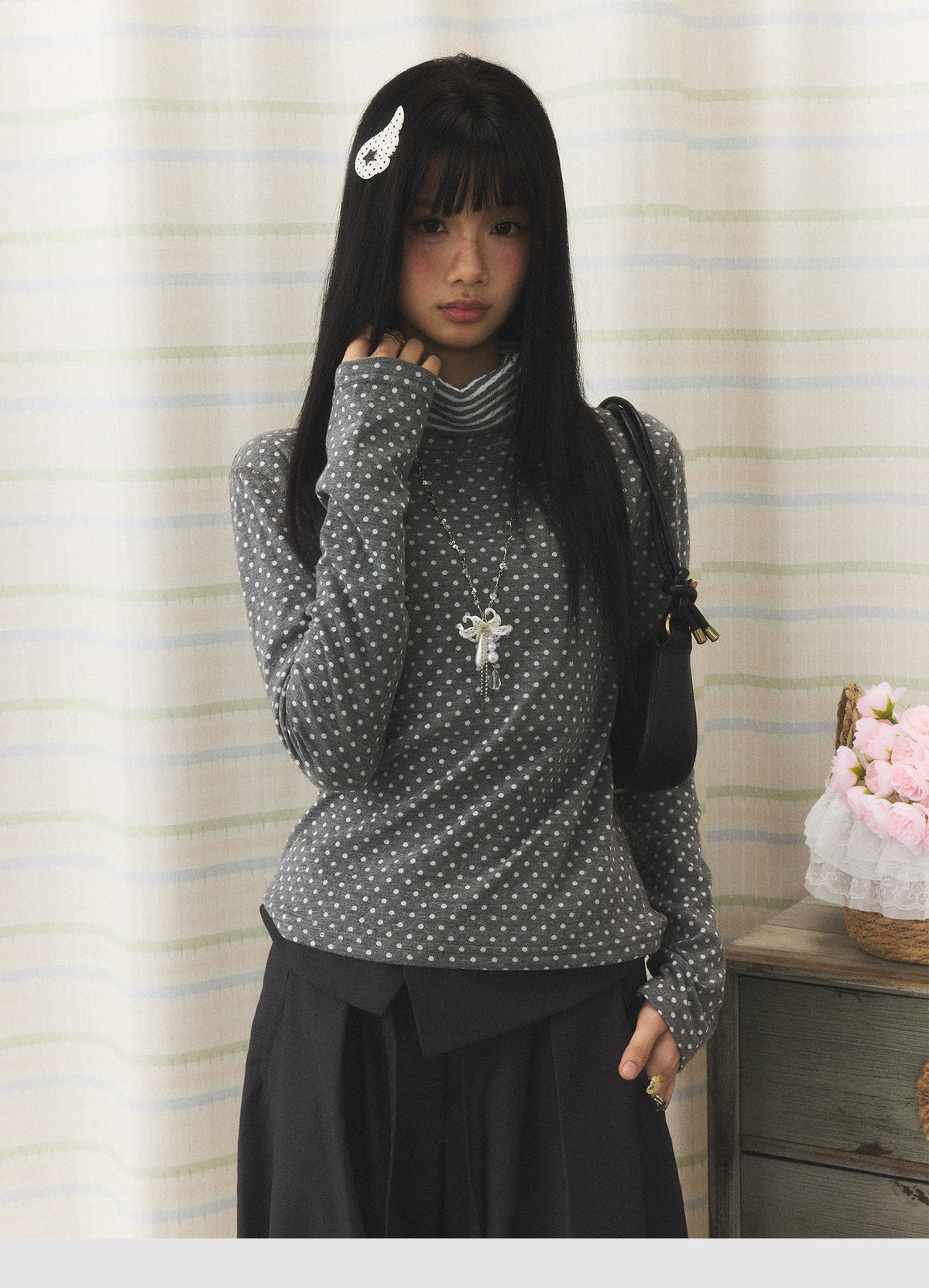 Polka Dot Contrast Turtleneck Long Sleeve Top