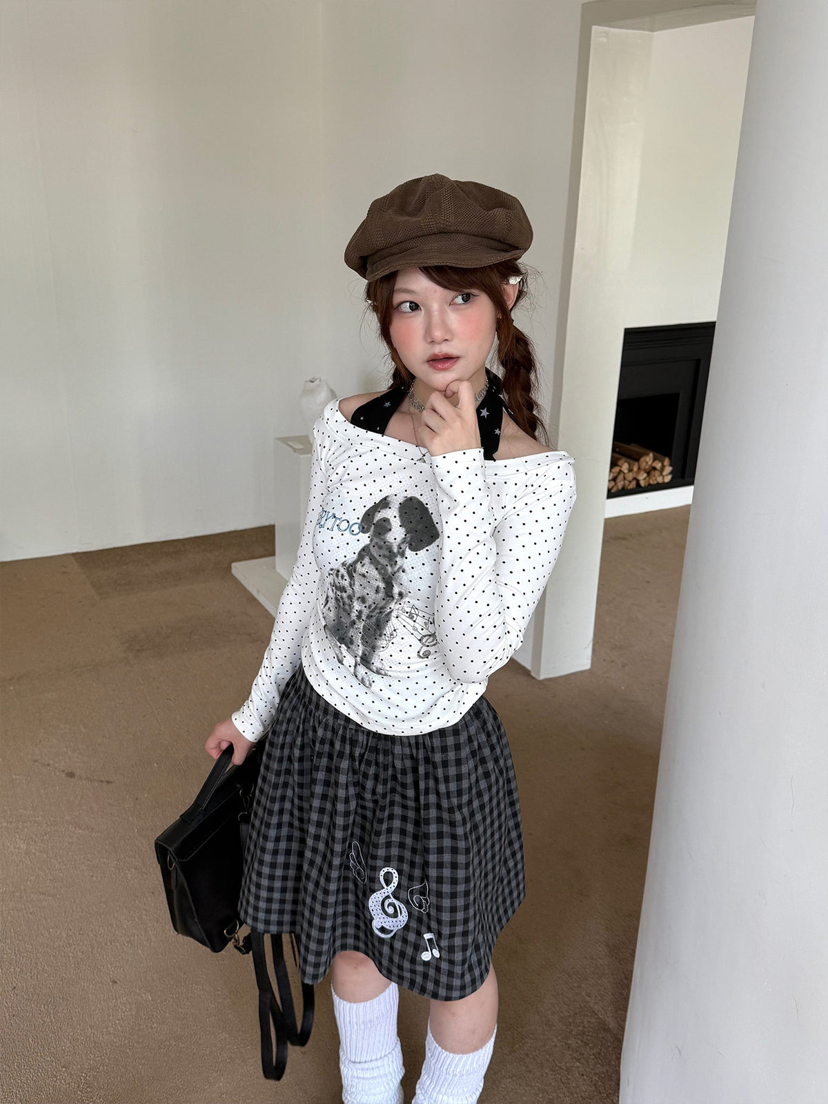 White Polka Dot Puppy Off-Shoulder Long Sleeve Top