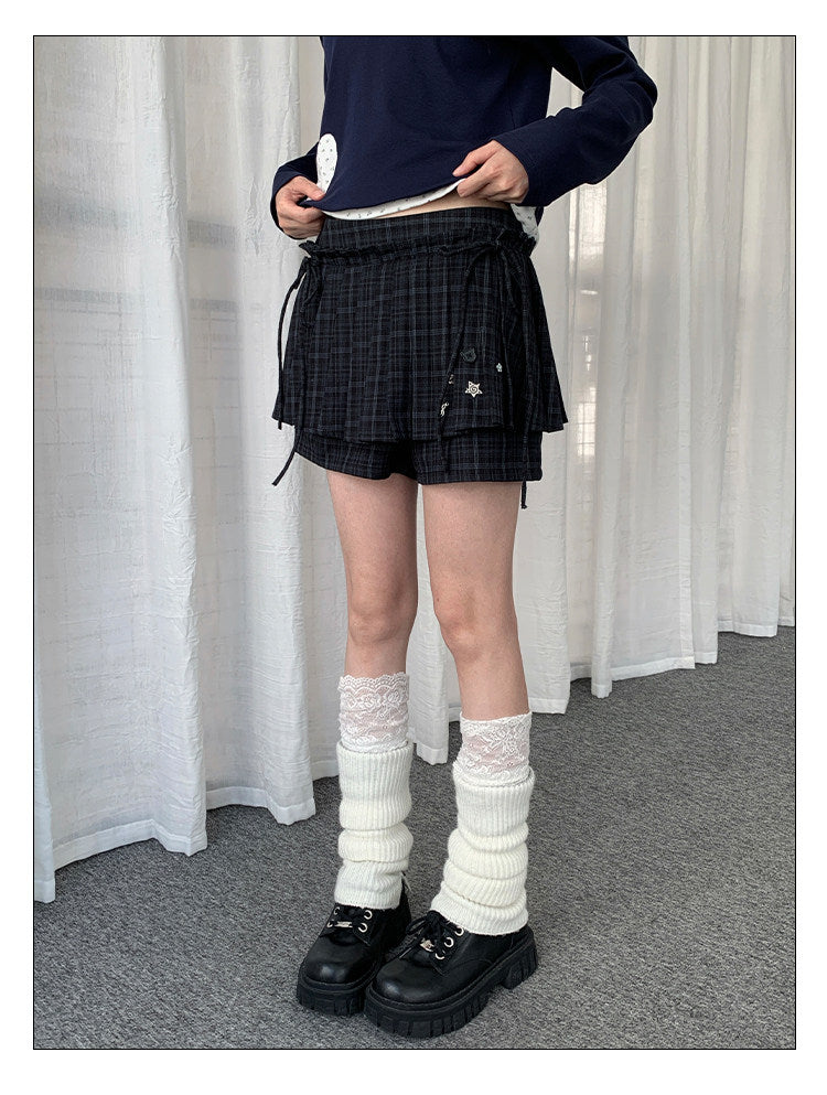 Vintage Plaid Layered Tie-Waist Skort Shorts