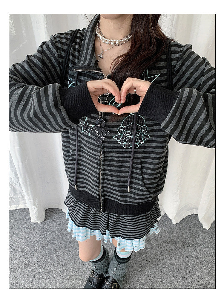 Star Charm Striped Embroidered Zip-Up Jacket