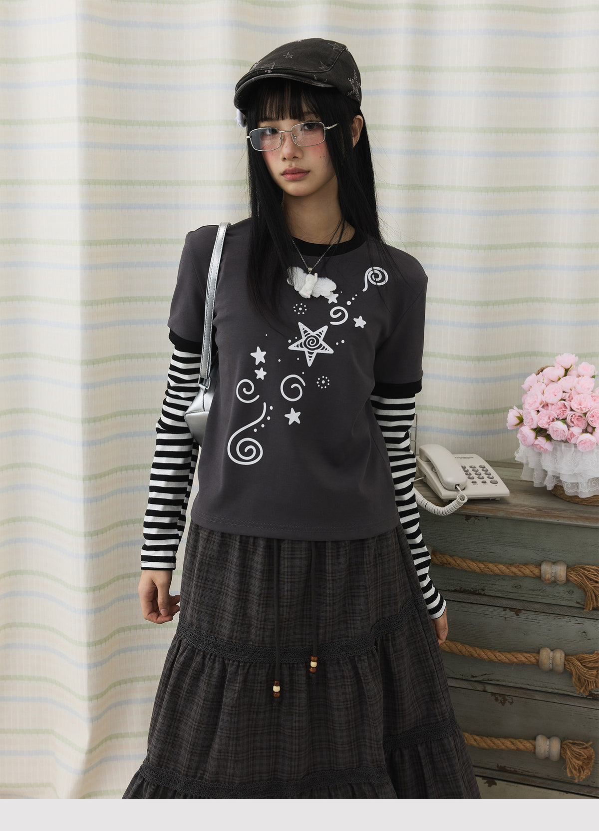 Star Swirl Striped Faux-Layer Long Sleeve Top