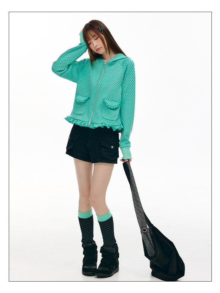 Mint Micro-Star Ruffle-Hem Zip-Up Hoodie