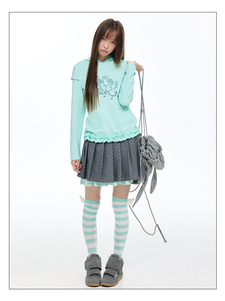 Rhinestone Graphic Faux-Layer Ruffle-Hem Hoodie