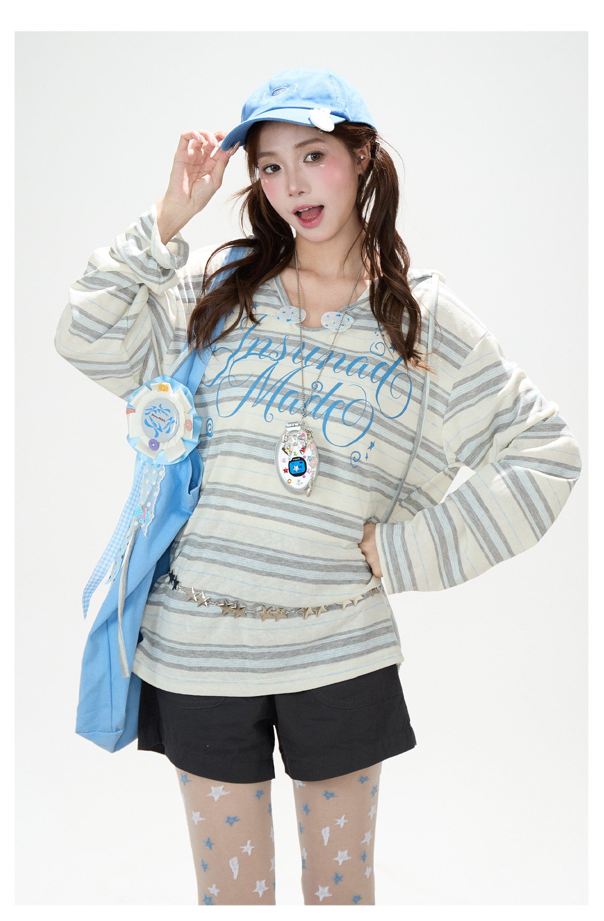 Blue Striped Hooded Long Sleeve Top & Dark Gray Drawstring Shorts